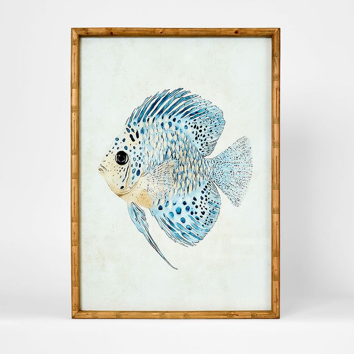 Azure Reef Fish B wall art featuring a blue reef fish illustration in an underwater ocean scene, framed coastal artwork in blue tones, 50x70 CM