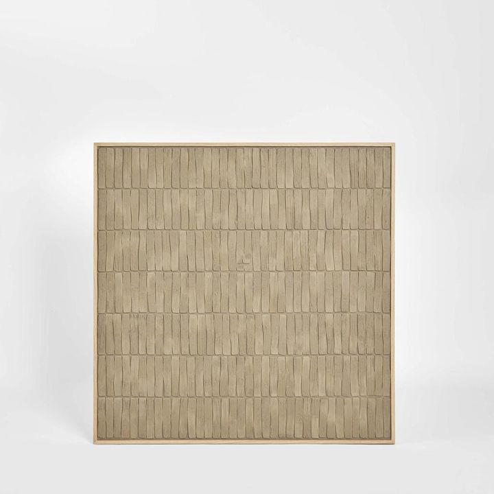 Axis Resin wall art featuring handcrafted linear textured resin design in taupe tones, large square framed artwork 100 x 100 cm