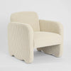 Sculpted lounge chair with scalloped base and striped upholstery for modern living room seating