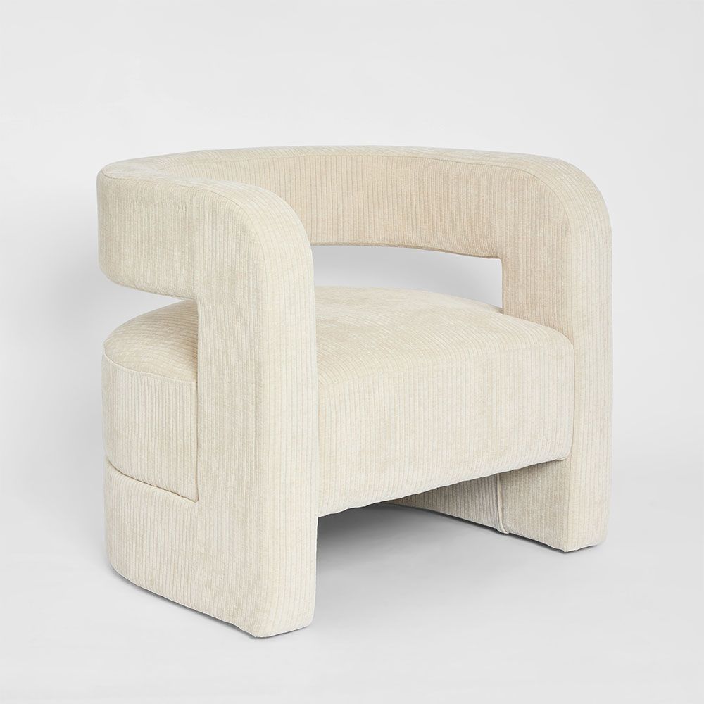Cleo curved armchair with modern circular design and upholstered seat for contemporary living room seating