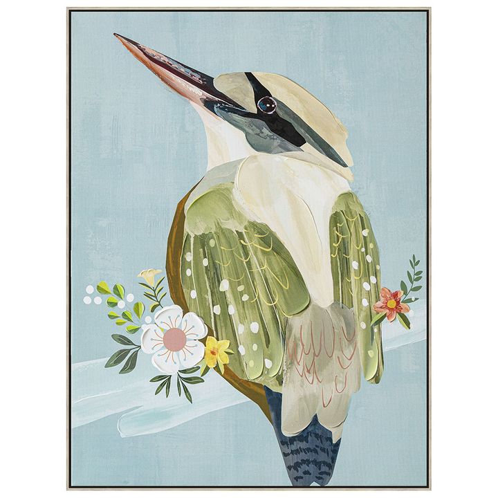 Madame Kookaburra wall art featuring a stylised kookaburra bird illustration in earthy and neutral tones, framed artwork 82.5 x 82.5 cm