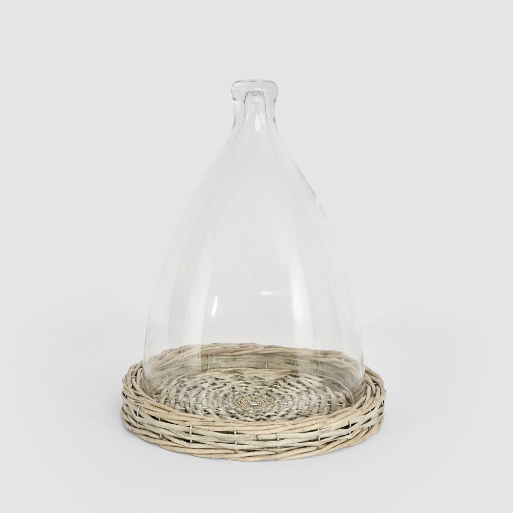 Large glass cloche with grey wash woven willow base decorative dome for home decor display