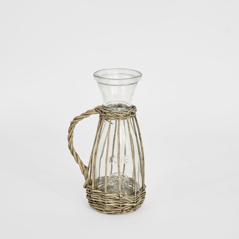 Bramble glass pitcher jug with natural willow detailing and grey wash finish
