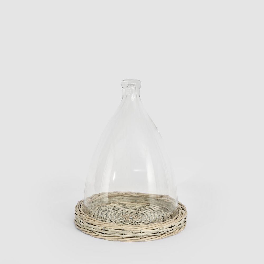 Glass cloche with woven willow base decorative dome for home decor display