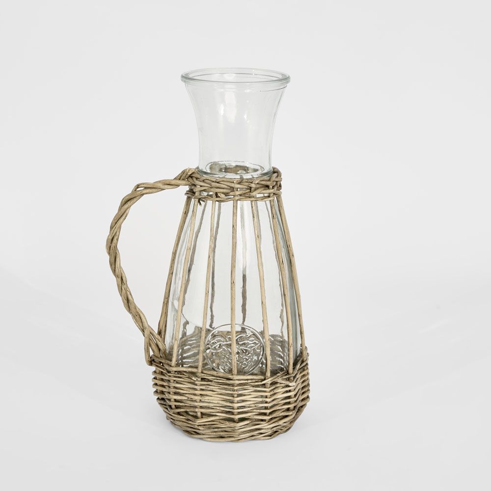 Handwoven willow wrapped glass pitcher jug for home decor and display use