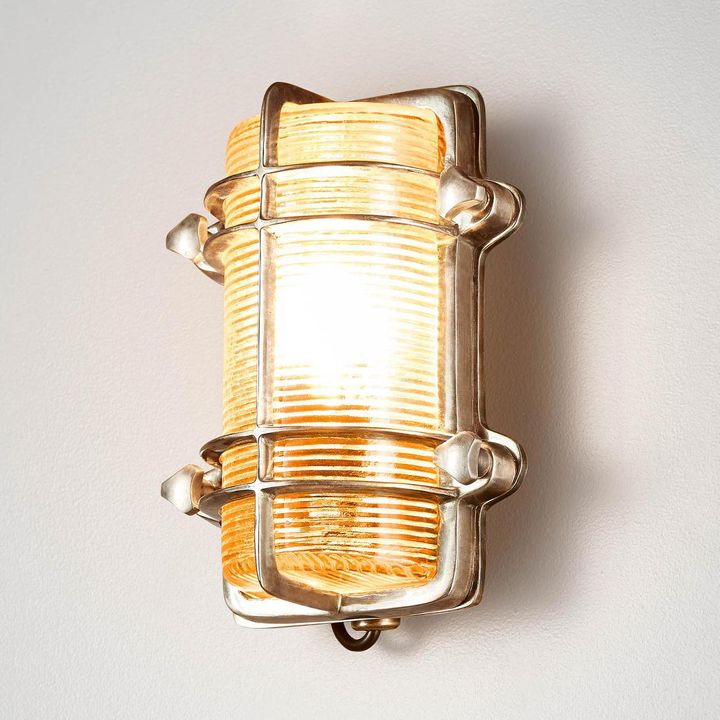 Harley Wall Light IP54 solid brass with clear ribbed glass and brass cage – industrial outdoor wall sconce for patios, entryways, bathrooms, and gardens