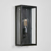 Goodman Outdoor Wall Light in black, silver, or brass with clear glass – classic Hampton-style outdoor wall sconce for entryways, patios, and walkways