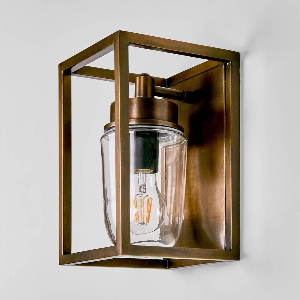 Wellington Wall Lantern IP44 solid brass with clear glass cover – industrial flush wall light for entryways, patios, bathrooms, and hallways available in antique silver, brass, and black finishes
