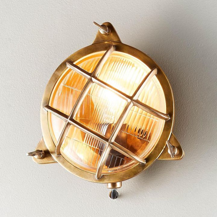Palmerston Outdoor Wall Lamp IP54 solid brass with opal plexiglass and clear ribbed glass – nautical industrial outdoor wall light for coastal homes, patios, and bathrooms