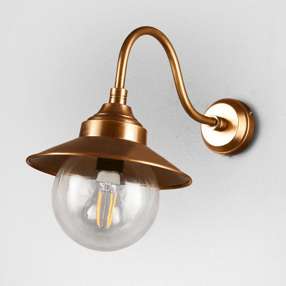 Zermatt Wall Lamp IP54 solid brass with clear glass diffuser and curved neck – modern industrial wall light for hallways, stairwells, and outdoor use