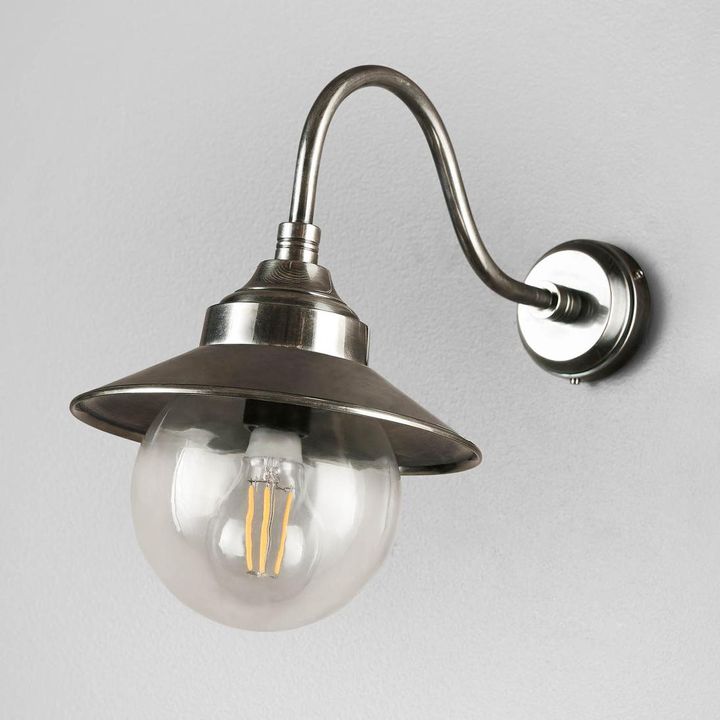 Zermatt Wall Lamp IP54 solid brass with clear glass diffuser and curved neck – modern industrial wall sconce for hallways, stairwells, and outdoor lighting