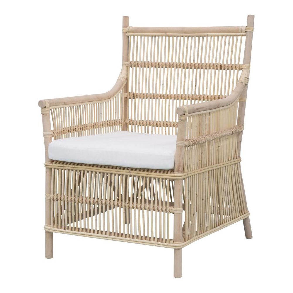 Oversized high back wicker armchair with cushioned seat, armrests, and throne style indoor design