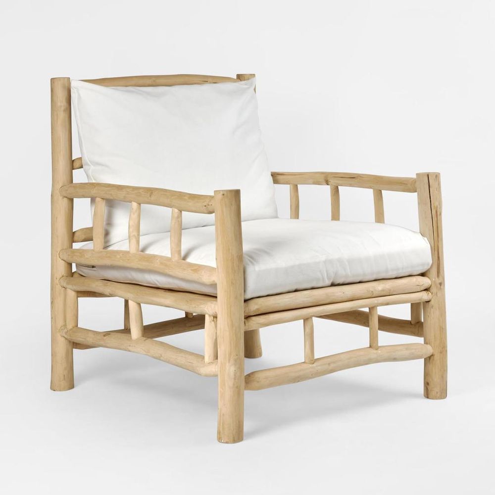 Bermuda wooden armchair with driftwood frame and deep seat cushions made from sustainably sourced solid timber