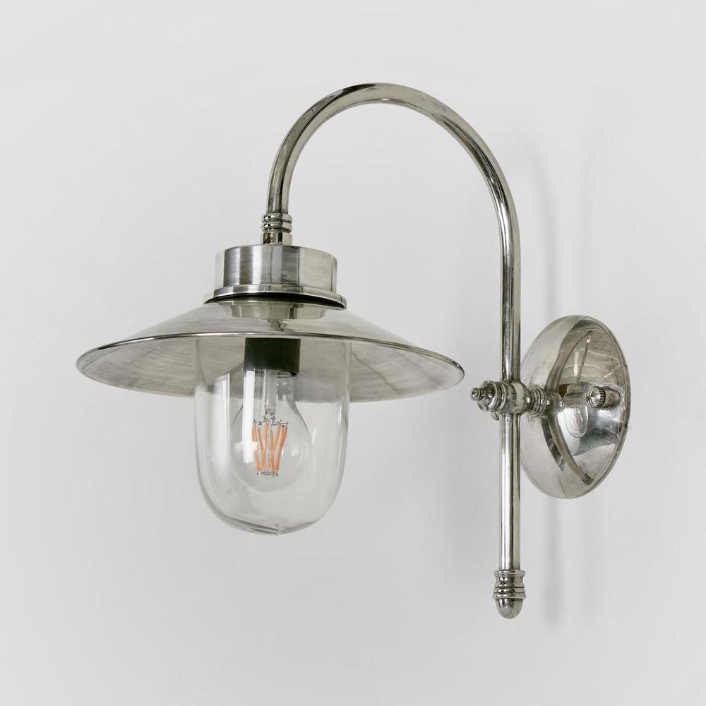 Legacy Wall Lamp IP54 solid brass with curved neck and clear glass diffuser – industrial outdoor wall light for hallways, stairwells, and patios