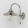 Legacy Wall Lamp IP54 solid brass with curved neck and clear glass diffuser – industrial outdoor wall light for hallways, stairwells, and patios