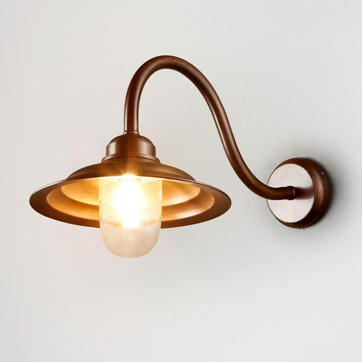Monteray Outdoor Wall Light IP54 with 33cm handmade glass shade and curved neck – modern vintage exterior wall sconce for patios, entryways, and home facades