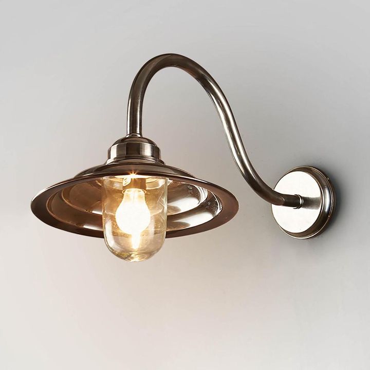 Monteray Outdoor Wall Light IP54 with 33cm handmade glass shade and curved metal arm – modern vintage wall sconce for patios, entryways, and exterior lighting