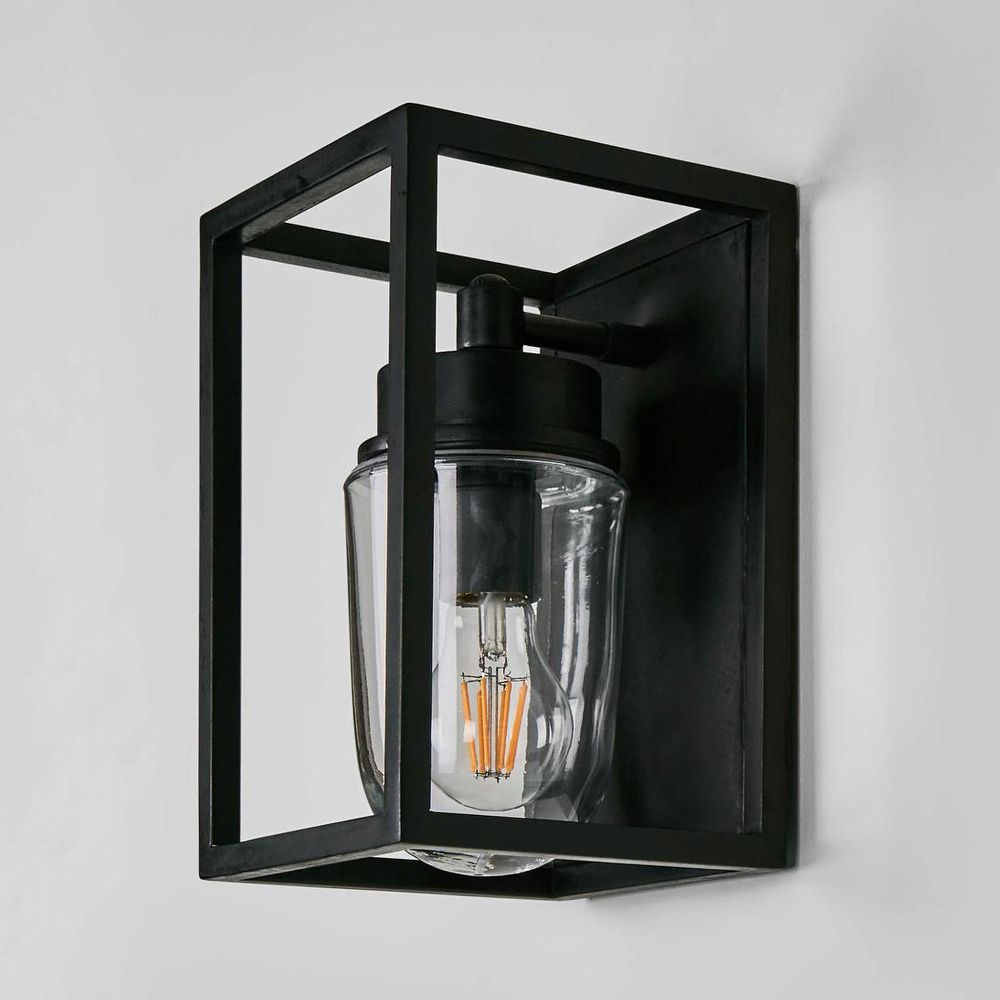 Wellington Wall Lantern IP44 solid brass with clear glass cover – rectangular industrial flush wall light for patios, entryways, and hallways available in antique silver, brass, or black