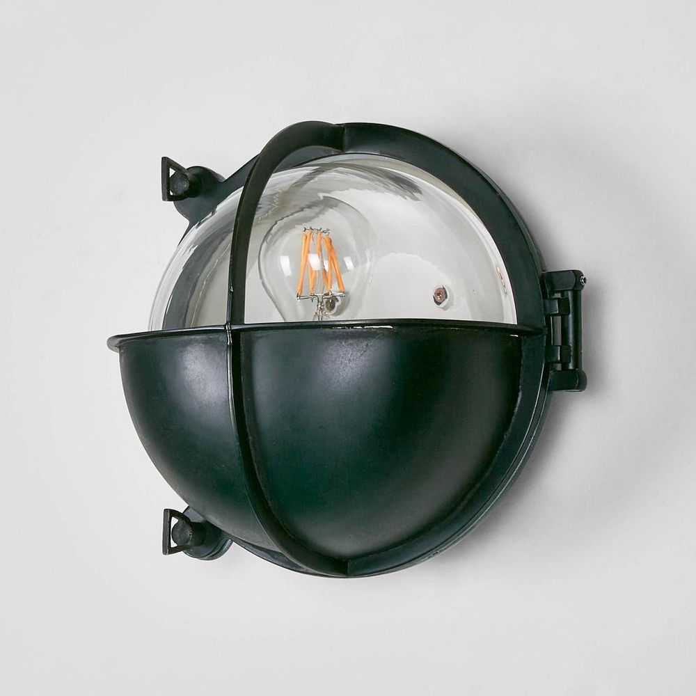 Vienna Outdoor Wall Lamp IP54 solid brass with clear glass and half-round metal cover – nautical industrial wall sconce for beach houses, patios, bathrooms, and restaurants