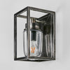 Wellington Wall Lantern IP44 solid brass with clear glass cover – rectangular industrial flush wall light for patios, entryways, and hallways available in antique silver, brass, or black