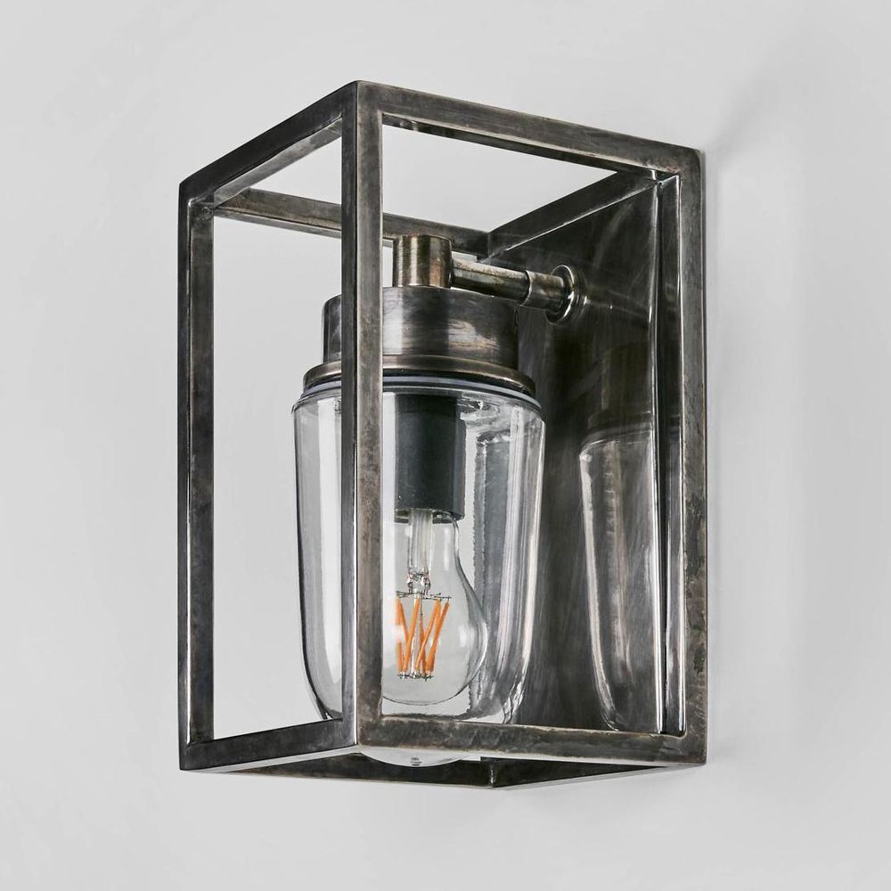 Wellington Wall Lantern IP44 solid brass with clear glass cover – rectangular industrial flush wall light for patios, entryways, and hallways available in antique silver, brass, or black