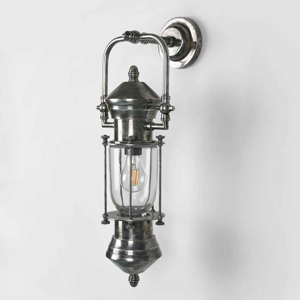 Lisbon Wall Light IP54 solid brass with clear handmade glass and metal cage – vintage industrial outdoor wall sconce for patios, entryways, and bathrooms
