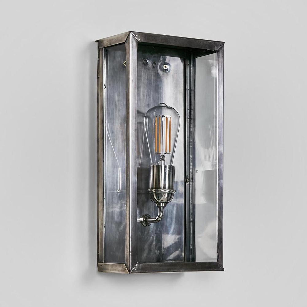 Goodman Outdoor Wall Light in black, silver, or brass with clear glass panels – Hampton-style outdoor wall sconce for entrances, patios, and modern home exteriors