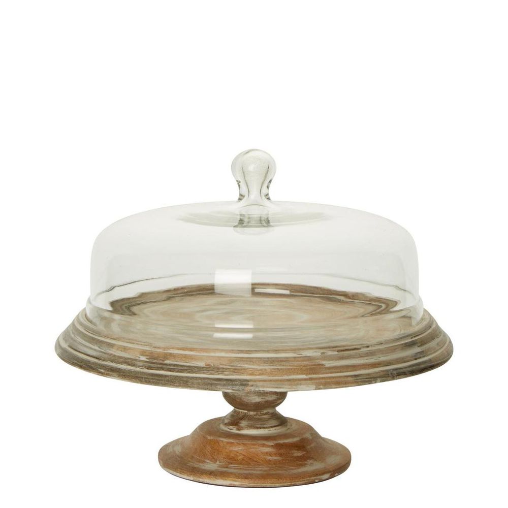Glass cloche cake cover with wooden base bell-shaped dome for elegant dessert display