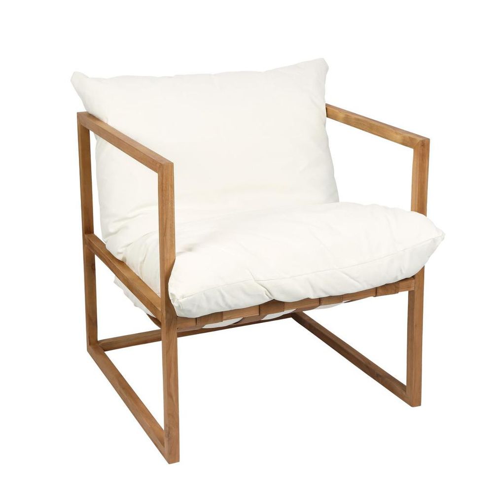 Teak sling armchair with leather straps and Olefin cushion modern lounge chair with natural wood frame