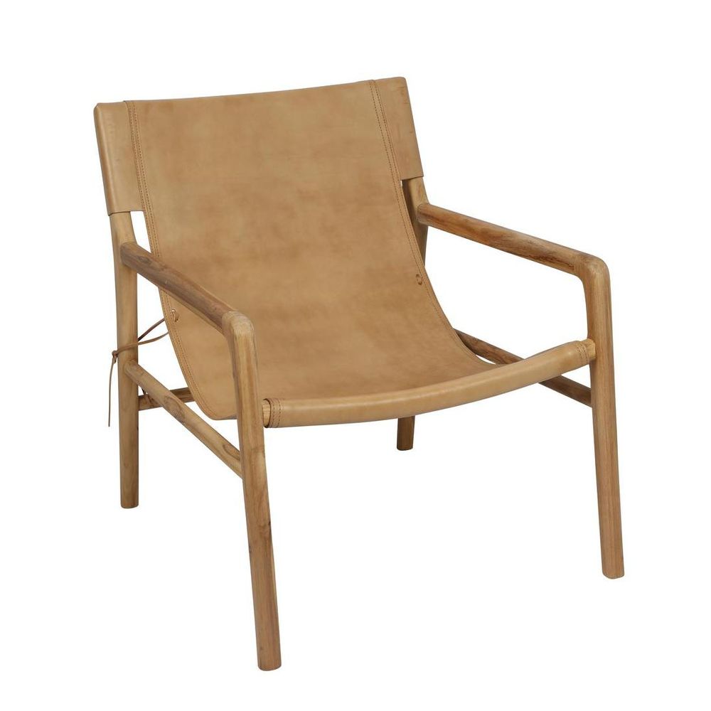 Jasper toffee leather sling armchair with solid teakwood frame modern lounge chair for living room seating