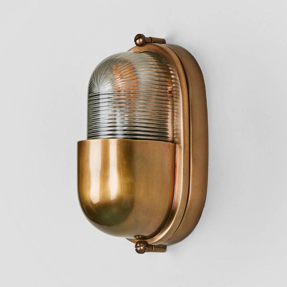 Anchor Wall Light IP54 solid brass with clear ribbed glass and brass cover – industrial outdoor wall sconce for patios, entryways, and bathrooms