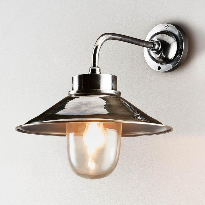 Sandhurst Wall Light IP54 solid brass with vintage cone shade – antique silver or brass industrial wall sconce for indoor and outdoor use