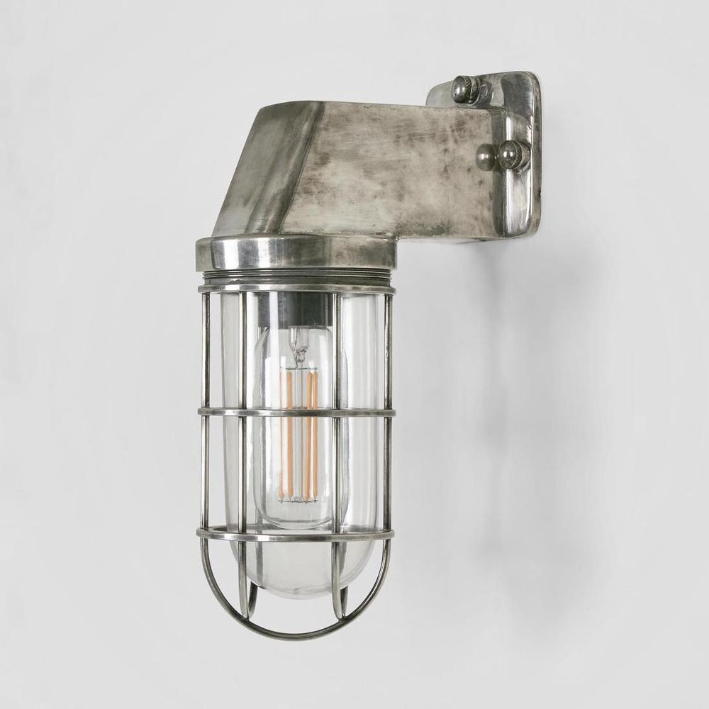 Royal London Wall Light IP54 solid brass with clear glass and brass cage – vintage industrial outdoor wall sconce for patios, entryways, and bathrooms