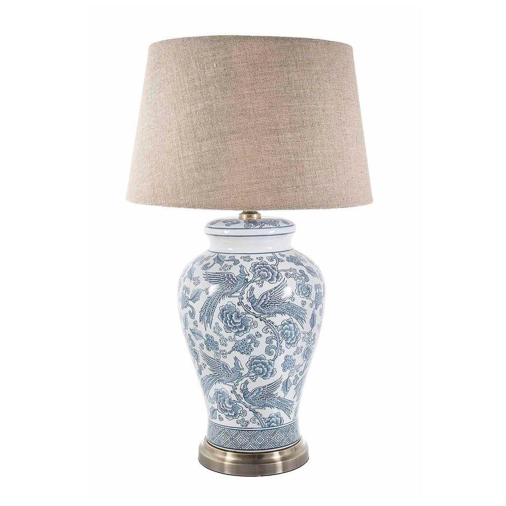 Aviary Blue & White Glazed Ceramic and Metal Urn Table Lamp Base Only