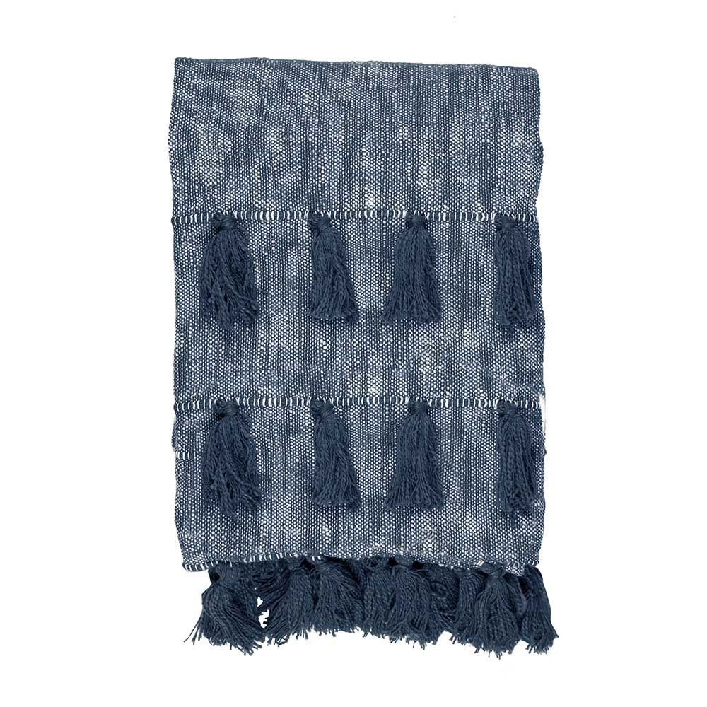 Chambray Cotton Club Throw with Tassels in Dark Blue
